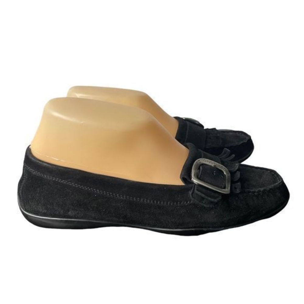 AGL Women's Black Suede Kiltie Loafer With Buckles and Fringe Size 5